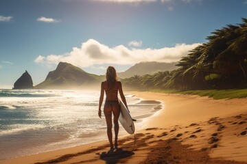 A beautiful athletic girl walk on sand beach with her surf board. Water sports. Summer tropical vacation concept.