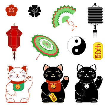 Japenese lucky cats Maneki Neco, Yin-Yang sign, lanterns, fan, umbrella and card with japenese traditinal wish for wealth. Vector illustration