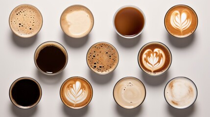 Multiple cups of coffee with variety of coffee drinks, overhead view, copy space, 16:9