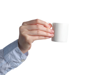 Woman holding cup of hot coffee on white background