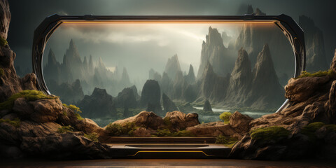 Wooden podium display with frame and rocks. Background for perfume, cosmetic products or food on wooden floor with mountains. 