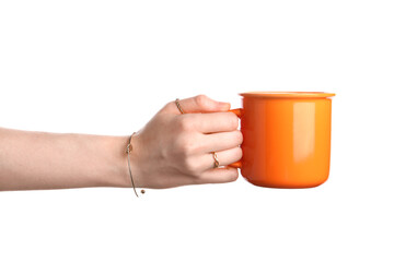Woman holding orange cup of hot coffee on white background - Powered by Adobe