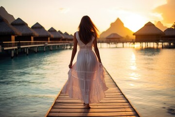 Lovely graceful lady in long skirt at sunset in a luxury resort with beautiful seascape. Summer tropical vacation concept. - obrazy, fototapety, plakaty