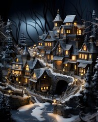 Fairytale castle at night in winter forest 3d render illustration