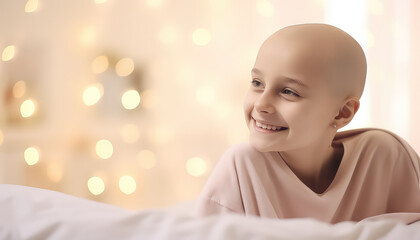 Young bald woman in hospital bed world cancer day concept