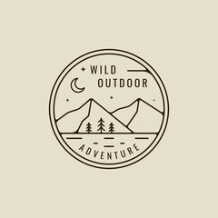 mountain and pine landscape logo line art simple vector illustration template icon graphic design. wild adventure nature outdoors sign or symbol for travel or environment business with badge
