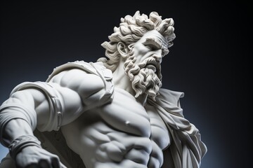 Fototapeta premium Sculpture of an ancient god. Statue, Roman art, plaster, God, deity, majestic, history, modeling, strength, man with beard, GYM, calcium, frown, severity, postcard, wallpaper, muscles, power