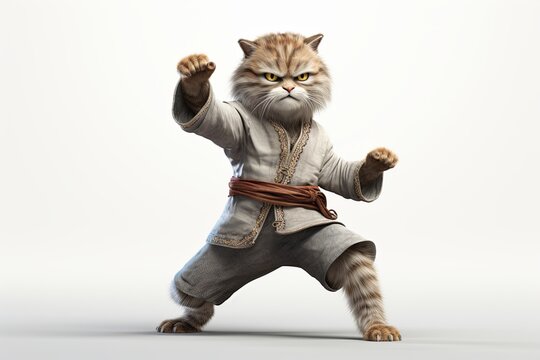 Cartoonish 3D image of kung fu cat on white background