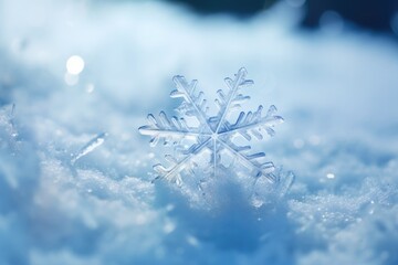Close-up macro view of snow ice crystal in beautiful shape in Winter. Winter seasonal concept.