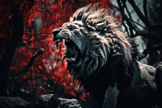 Roaring lion, infrared art. In the forest, side view