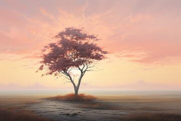 Fototapeta na wymiar Serene landscape of a solitary tree against cloudy sky, majestic view, art