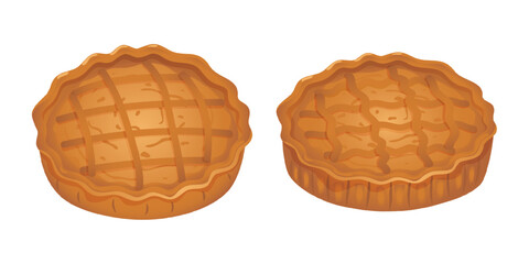 Two pumpkin or apple pies, a traditional Thanksgiving dessert. Fragrant sweet pastry made from dough with a crispy crust. A confectionery product made from flour with filling and spices. Vector.