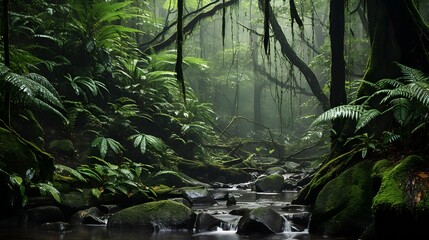 Panoramic view of a dark green wet forest with a stream