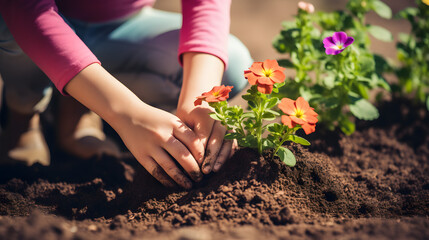 Planting Flowers in Garden Soil Spring Gardening Concept