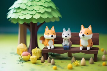 柴犬とベンチ（3D）春-1