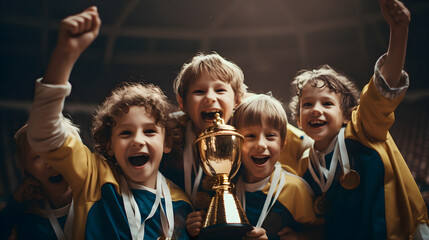 Happy kids with medals and trophy cup smiling, and looking at camera - obrazy, fototapety, plakaty