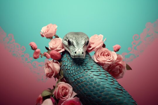 Mystic blue snakes and rose flowers on teal blue background. King snake wrapping around colorful flowers. Floral illustration in vintage style. Exotic pet portrait