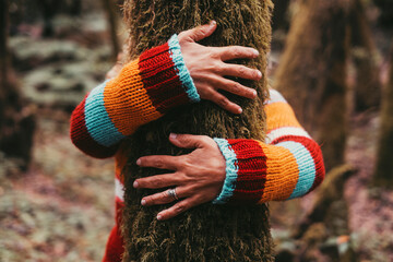 Woman hands bonding hugging tree trunk in the nature woods forest. Wearing colorful sweater....