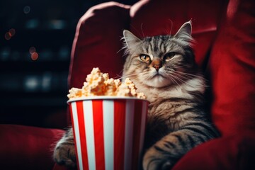 Cat eating popcorn and watching a movie. Kitten sitting on red chair with popcorn and watching television. Pet resting in the evening 