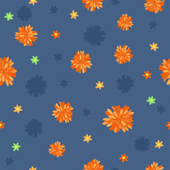 Vector seamless floral pattern with marigolds on blue background.