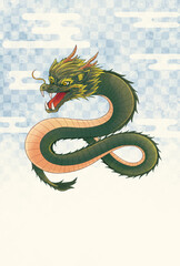 Obraz premium 和柄の背景に龍のイラストの年賀状向け素材