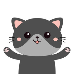 Gray cat, kitten, kitty. Cute face head, tongue, hands with pink paw print. Cartoon kawaii funny baby character. Kids collection. Sticker print. Flat design. White background. Isolated.