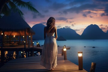 Lovely graceful lady in long skirt in a luxury resort at dusk with beautiful seascape. Summer tropical vacation concept. - obrazy, fototapety, plakaty