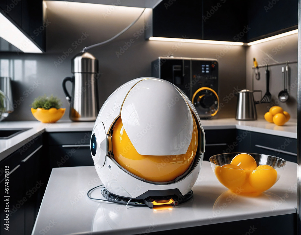 Poster robot in the form of an egg with a yolk instead of a head in a futuristic kitchen environment. gener