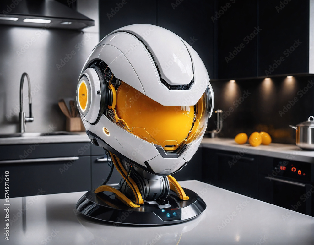 Poster robot in the form of an egg with a yolk instead of a head in a futuristic kitchen environment. gener