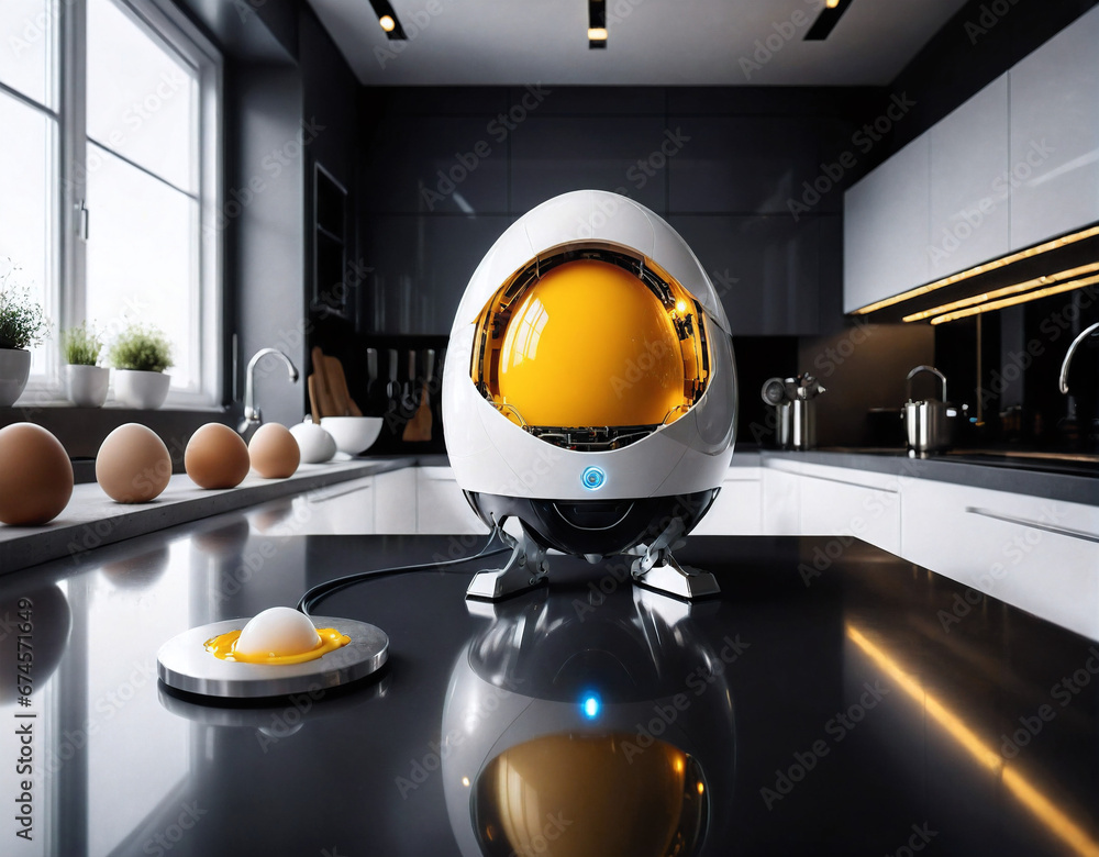 Poster robot in the form of an egg with a yolk instead of a head in a futuristic kitchen environment. gener