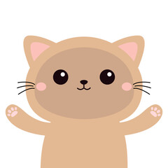 Obraz premium Siamese cat, kitten, kitty. Cute face head, hands with pink paw print. Cartoon kawaii funny baby character. Kids collection. Sticker print. Flat design. White background. Isolated.