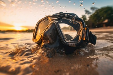 Close-up view of a snorkel mask with sunset sea water at sand beach. Summer tropical vacation concept. - obrazy, fototapety, plakaty
