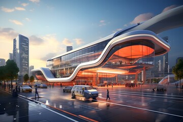 realistic and futuristic airport architecture design illustration - obrazy, fototapety, plakaty