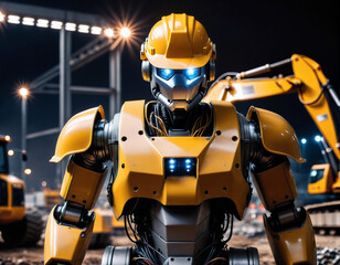 humanoid robot cyborg in a mechanical suit against the background of a construction site. Generated AI