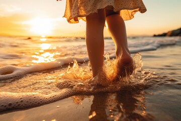 Low angle view of a beautiful lady walking on sand beach at sunset. Summer tropical vacation concept. - obrazy, fototapety, plakaty