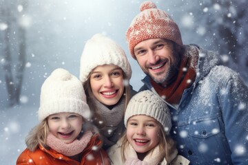 Portrait of a happy family in snow field in Winter. Winter seasonal concept.