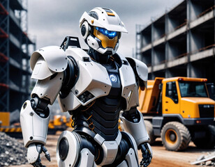 humanoid robot cyborg in a mechanical suit against the background of a construction site. Generated AI