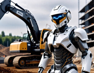 humanoid robot cyborg in a mechanical suit against the background of a construction site. Generated AI