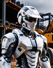 humanoid robot cyborg in a mechanical suit against the background of a construction site. Generated AI
