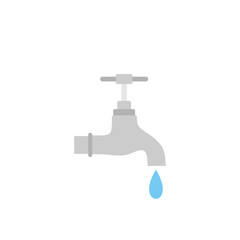 Dripping water tap flat design vector illustration. Vector dark grey icon isolated on white background. Save water earth resources ecological concept for environmental.