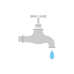 Dripping water tap flat design vector illustration. Vector dark grey icon isolated on white background. Save water earth resources ecological concept for environmental.