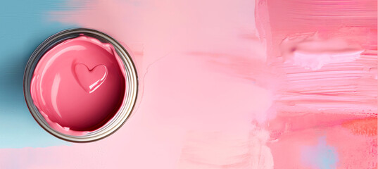 Pink paint in jar on pink and blue background, banner with free copy space. Generated Ai - Powered by Adobe