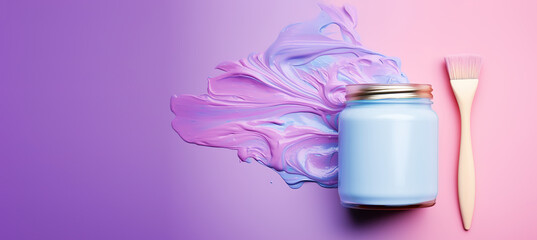 Fototapeta na wymiar Pink, blue and purple paints in jar with brush, banner with free copy space. Generated Ai