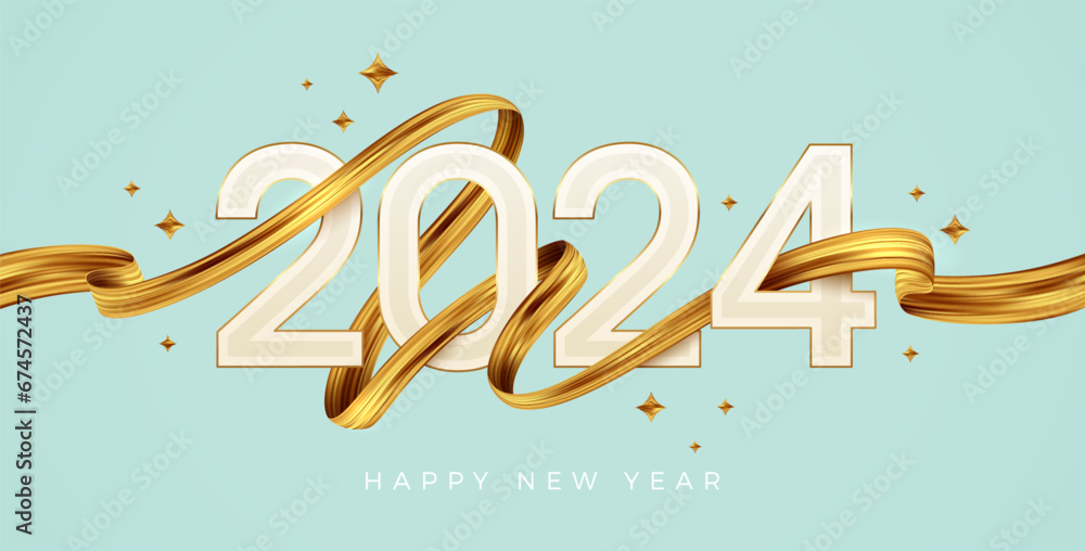 Wall mural 2024 new year logo with golden paint brushstroke. new year sign with golden ribbon. vector illustrat