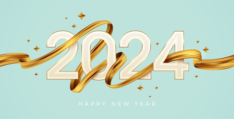 2024 New Year logo with golden paint brushstroke. New Year sign with golden ribbon. Vector illustration. - obrazy, fototapety, plakaty