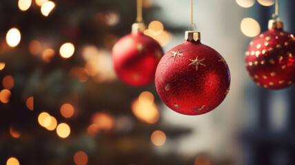 Decorative christmas baubles hanging from christmas tree branch.  Bokeh lights in the background.