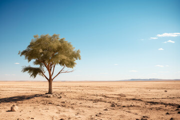 A single tree grows on dry ground. Desert landscape with a green tree as a metaphor for global warming and climate change.