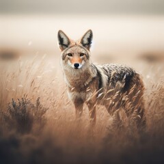 portrait of a wild fox in the yellow grass animal background for social media