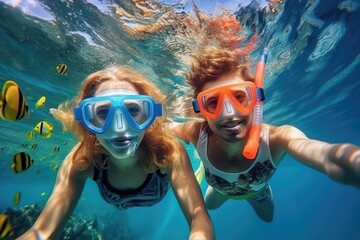 A young couple taking selfie underwater snorkeling with happy face. Vacation travel concept. - obrazy, fototapety, plakaty