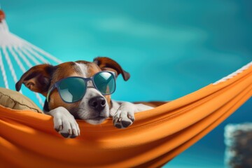 Relaxed dog sleep with sunglasses on a hammock at a beach resort in Summer.